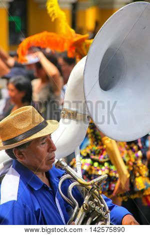 Lima, Peru-january 31: Unidentified Man Plays Sausaphone During Festival Of The Virgin De La Candela