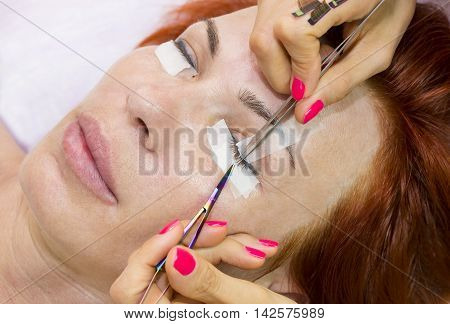 Woman On The Procedure For Eyelash Extensions, Eyelashes Lamination.