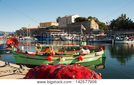 The colorful fishing boat in Ajaccio port Corsica island France.
