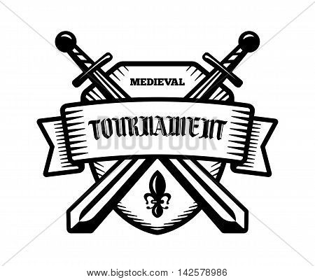 Medieval tournament fight sport vector logo. Knight pirate buccaneer warrior sword mascot. Black and white badge shirt design.
