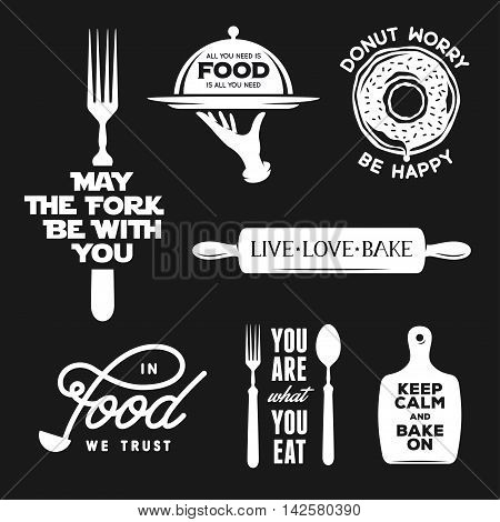 Food related typography set. Quotes about cooking. Motivational wordings for prints and posters. Kitchenware silhouettes. Vintage vector illustration.