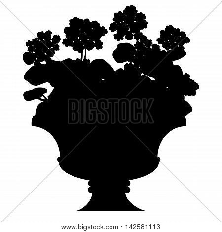 Vector black silhouette of blooming flowers in a vase isolated on white background.