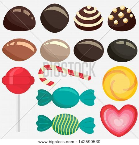 Sweet candy, caramel lollipop set, colored chocolate candies collection with wrapper, sugar sweet-stuff vector food, design element for christmas