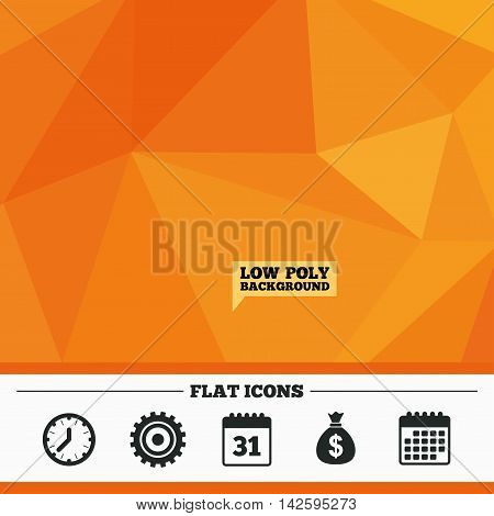 Triangular low poly orange background. Business icons. Calendar and mechanical clock signs. Dollar money bag and gear symbols. Calendar flat icon. Vector