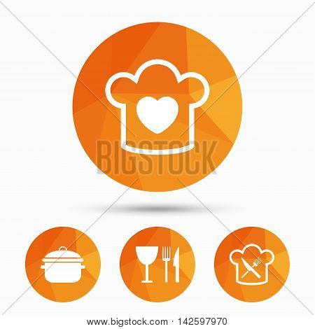 Chief hat with heart and cooking pan icons. Crosswise fork and knife signs. Boil or stew food symbol. Triangular low poly buttons with shadow. Vector
