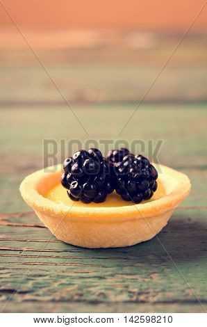 Homemade round tartlets with lemon curd and fresh blackberries on wooden table