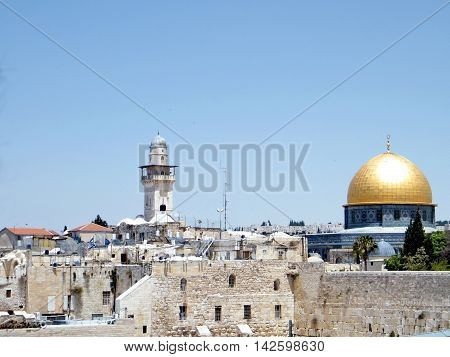 Jerusalem Israel - May 5 2010: Rock Mosque and Ghawanima minaret in old city.