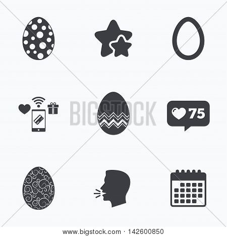 Easter eggs icons. Circles and floral patterns symbols. Tradition Pasch signs. Flat talking head, calendar icons. Stars, like counter icons. Vector