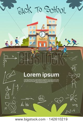 Schoolchildren Group Go To School Class Board Banner Flat Vector Illustration