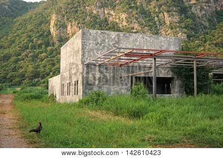 abstract abandoned building with creepy feeling near the mountain