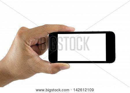 Hand holding smart phone isolated on white background. Smart phone with blank screen and can be add your texts or others on smart phone.Smart phone concept.