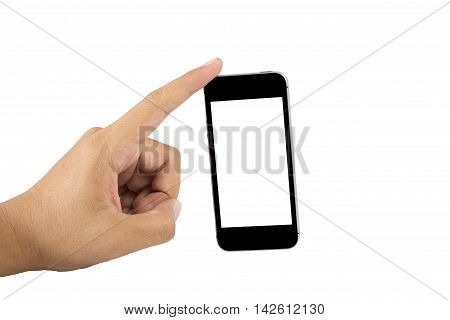 Hand holding smart phone isolated on white background. Smart phone with blank screen and can be add your texts or others on smart phone.Smart phone concept.