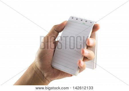 Men's hand holding Notebook isolate on a white background with blank screen and can be add your texts or others on Notebook.Notebook concept.