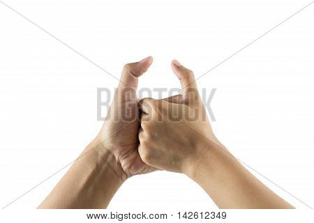 Arm wrestling between man and woman on white background