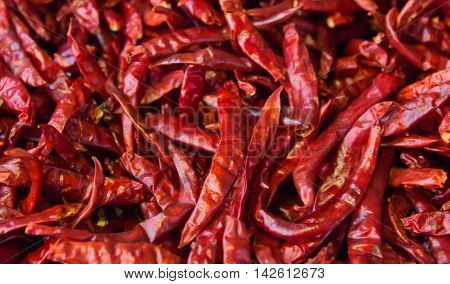 Dried chili peppers background. Many red hot pigments chile wallpaper, the combined or pile. Thai food seasoning. Close up and macro.