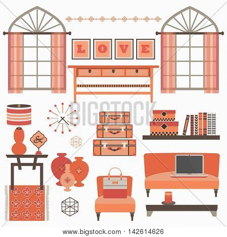 Living room furniture and accessories in coral red with windows on white background