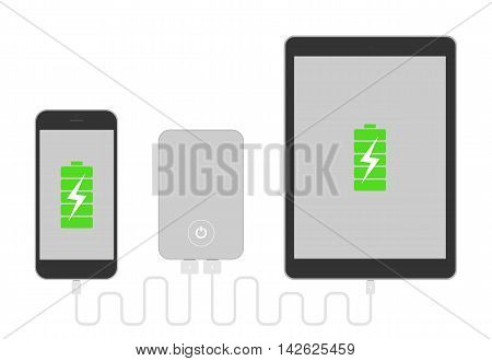 Gadgets with powerbank. Phone and tablet charging with portable powerbank. Low battery. Isolated gadgets on white background.