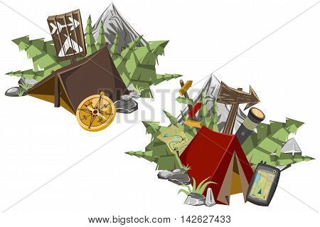 Camping poster in isometric flat style. Hiking composition in isometric elments