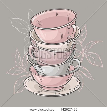 vector illustration with cups of tea on grey background