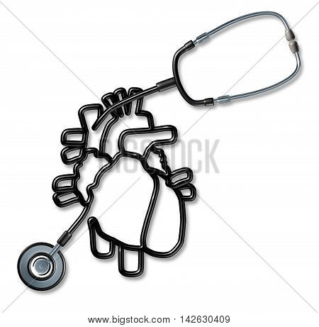 Stethoscope shaped as a human heart as a medical cardiovascular diagnosis concept for cardiology or cardiologist as a 3D illustration on a white background.