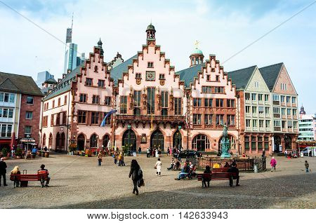 FRANKFURT GERMANY - MARCH 21 2014: Old medieval building at Romerberg square. It is made in middle-age style in Altstadt - a historical center of the city which existed from the 8th century