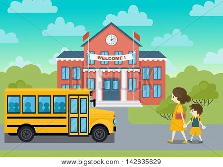School building and yeollow bus and schoolchild vector  illustration. Welcom school