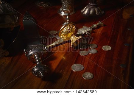 Gladius, Antique Hand Weapon, Helmet On A Table