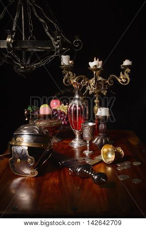 Gladius, Antique Hand Weapon, Helmet On A Table