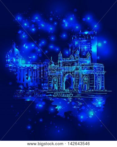 Mumbai India Gate and the Taj Mahal Hotel Mumbai the view from the Arabian Sea against the backdrop of night starry sky. Vector illustration.