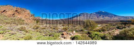 panoramic landscape of volcano Teide from the side of the Liano de Ucanca mountains Tenerife Canary Islands