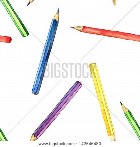 seamless background with color pencis, pattern with school stationery, watercolor drawing template with of art supplies, hand drawn illustration
