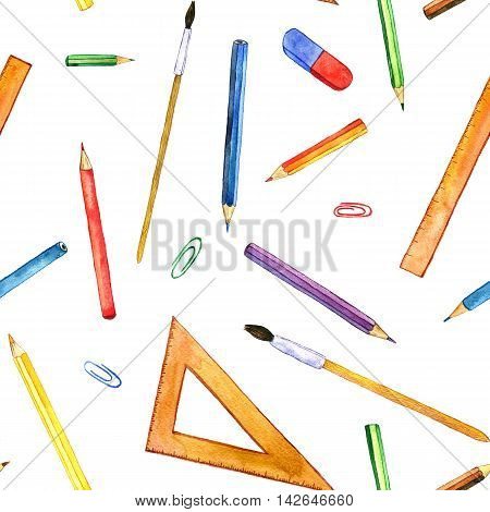 seamless background with color pencis, pattern with school stationery, watercolor drawing template with of art supplies, hand drawn illustration