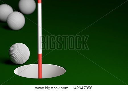 Golf Ball With Flagstick At Hole Background, 3D Rendering