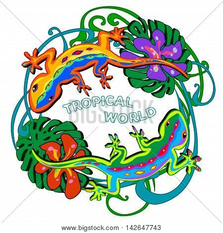 vector illustration in the form of a circle of colored lizards on a tropical background with flowers and leaves