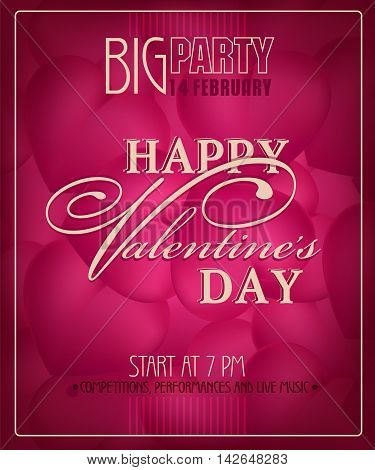 Poster and invitation Valentine's Day Party in retro style. Vector illustration