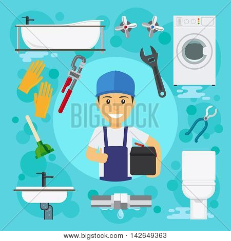 Sanitary engineering. Plumber at plumbing work with water drain vector illustration