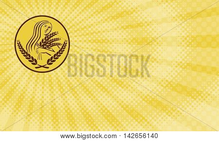 Business card showing Illustration showing Demeter Greek goddess of the harvest and agriculture who presided over grains and fertility holding wheat grain viewed from front set inside oval shape on isolated background done in retro style.