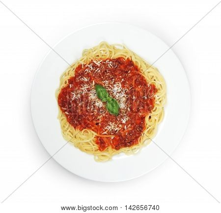 Spaghetti Bolognese, Pasta with tomato sauce on awhile plate, isolated on white background.