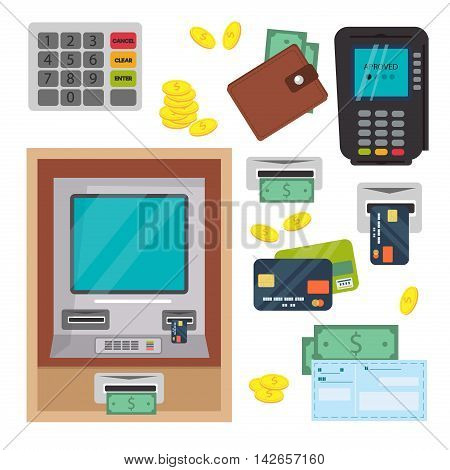 Money, ATM - cash machine vector icons set. Payment design atm icons self-service terminals currency dollar, credit business sign. Finance and business vector atm icons money bank card.
