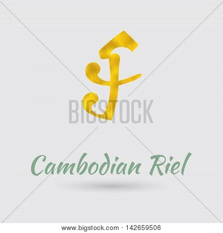 Symbol of the Riel Currency with Golden Texture. Text with the Cambodia Currency Name.Vector EPS 10