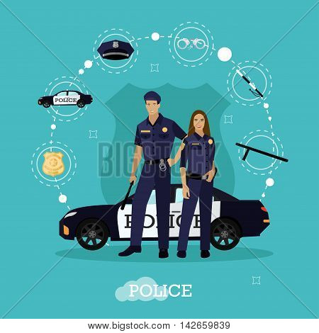 Police man and woman stay next to police car. Concept vector illustration in flat style. Officer in uniform.