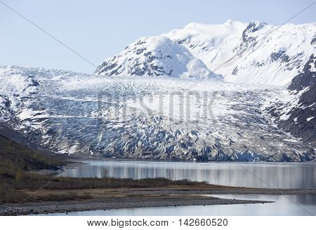 The beach of wilderness next to the glacier in Glacier Bay national park (Alaska).