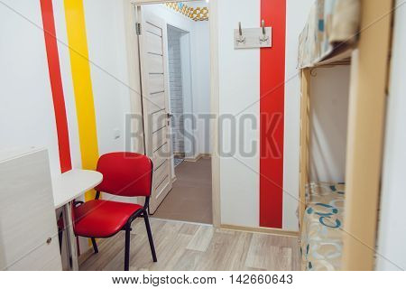 The hostel interior - bedroom. double bed. beautiful interior