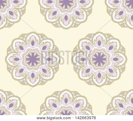 Hand drawn seamless pattern with purple mandalas. Endless texture can be used for wallpaper textile pattern fills web page background.