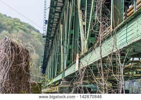 Railway bridge of steel for pedestrians and cyclists on the Ruhr in Essen Kupferdreh.