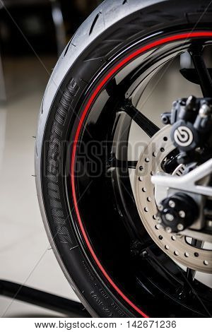 BANGKOK, THAILAND - AUGUST 11, 2016 : Bridgestone tire installed in BMW S1000RR. Bridgestone is one of the most famous tires brand in the world