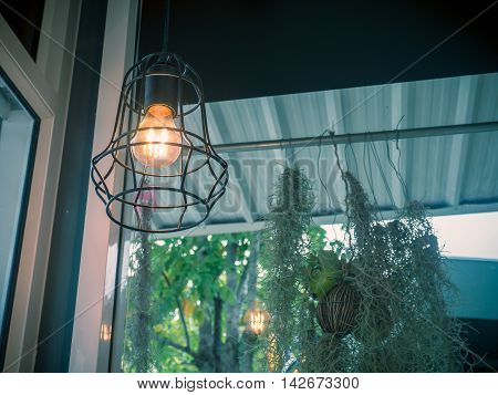 Edison's light bulb and lamp in modern style. Warm tone light bulb lamp. Lamps in coffee shop.