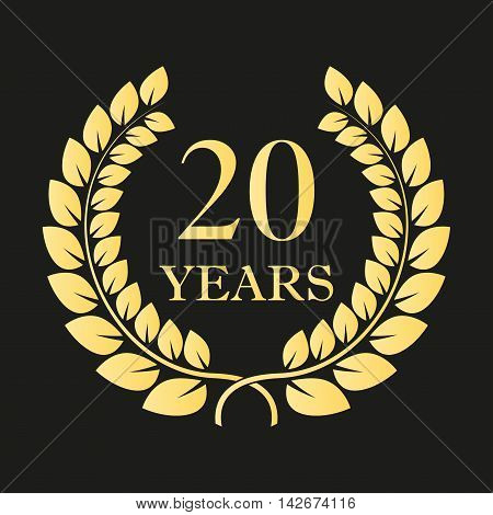 20 years anniversary laurel wreath icon or sign. Template for celebration and congratulation design. 20th anniversary golden label. Vector illustration.