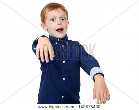 Little redhead boy performing frankenstein monster isolated on white background