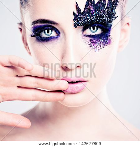 Blue Colorful Makeup. Fashion Woman with Art Makeup Eyes